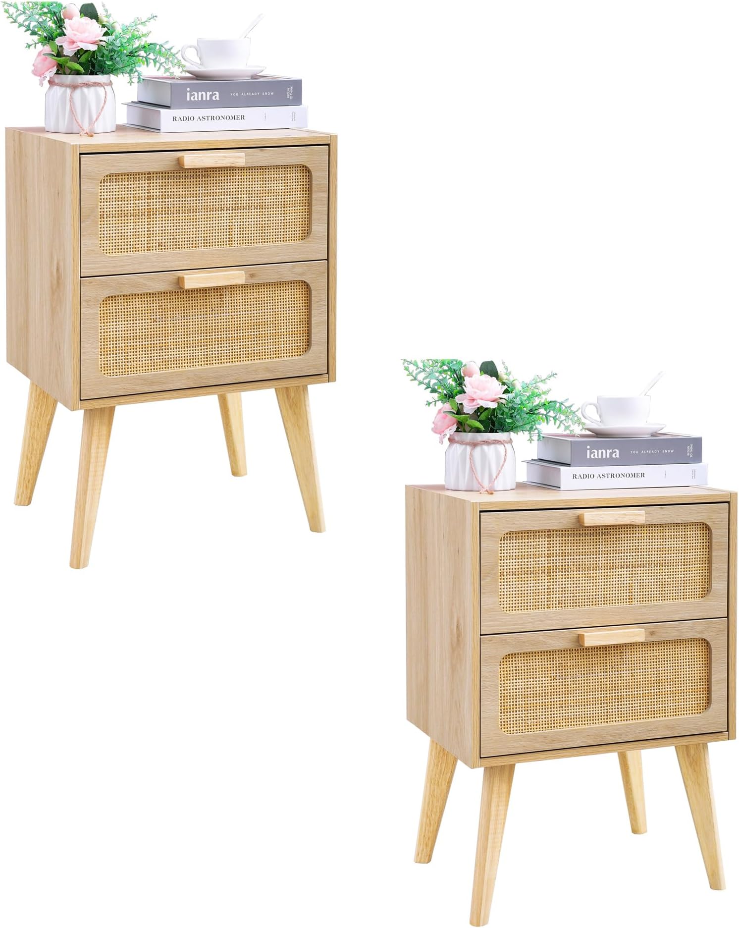 YAUKOMEL Rattan Nightstand Set of 2,Side Table with Hand Made Rattan Decorated Drawers,Boho Bedside Table,Wood Accent Table with Storage for Small Space,Livingroom, Bedroom, Natural CTG59Y-2