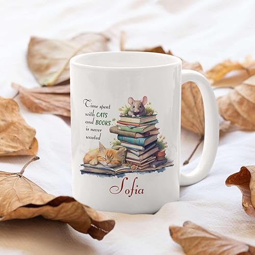 Miniatura 4 de ELPSTORE El tiempo personalizado que pasa con gatos y libros nunca se desperdicia tazas de café, tazas de té personalizadas para libros de nombres,