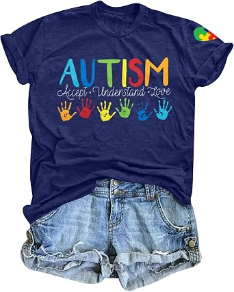 Autism Awareness Shirt Women Autistic Support Tshirt Speech Therapy Inspirational Short Sleve Tee Tops