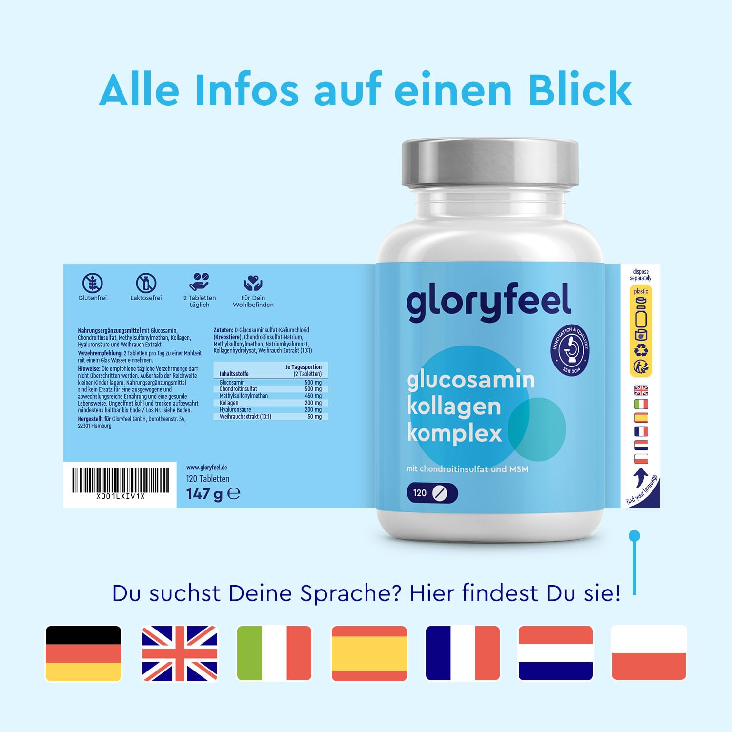 Glucosamin & Chondroitin Komplex – 120 Tabletten – mit MSM, Kollagen und Hyaluronsäure – hochdosiert – in Deutschland entwickelt & laborgeprüft