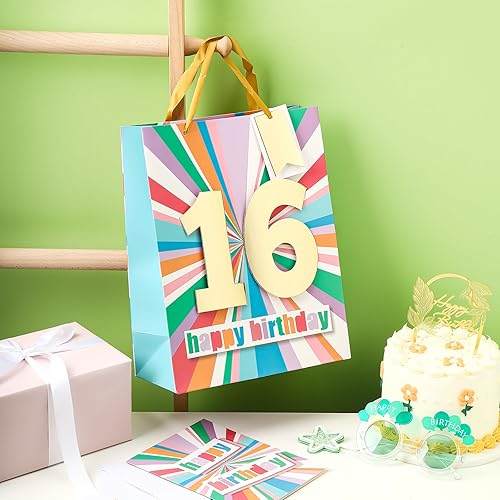Vista 5 de WRAPAHOLIC Bolsa de regalo de cumpleaños grande de 13 pulgadas con tarjeta y papel de seda - 16 cumpleaños