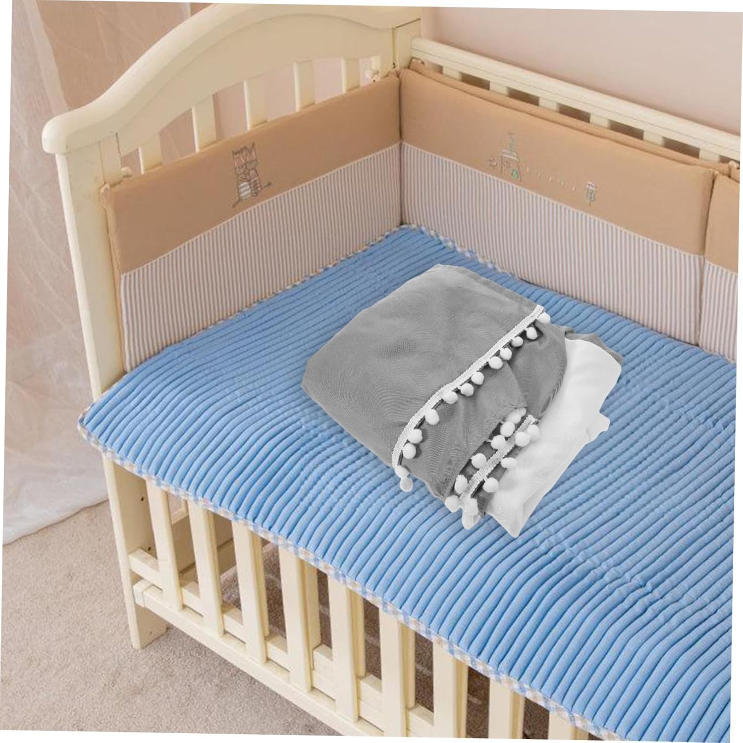 VICASKY Crib Skirt Adorable Pompoms Neutral Cotton Fitted Sheet for Cribs Prevents Dust Accumulation Easy to Install for Nursery Decor