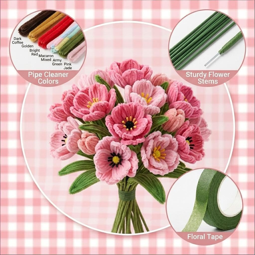 600PCS Pipe Cleaners Flower Kit - Premium Chenille Stems with Video Tutorial for DIY Bouquet - 6 Colors Pipe Cleaners Craft Kit for Adults, Anniversary & Mother’s Day Decor (Tulips, Corn Poppy)