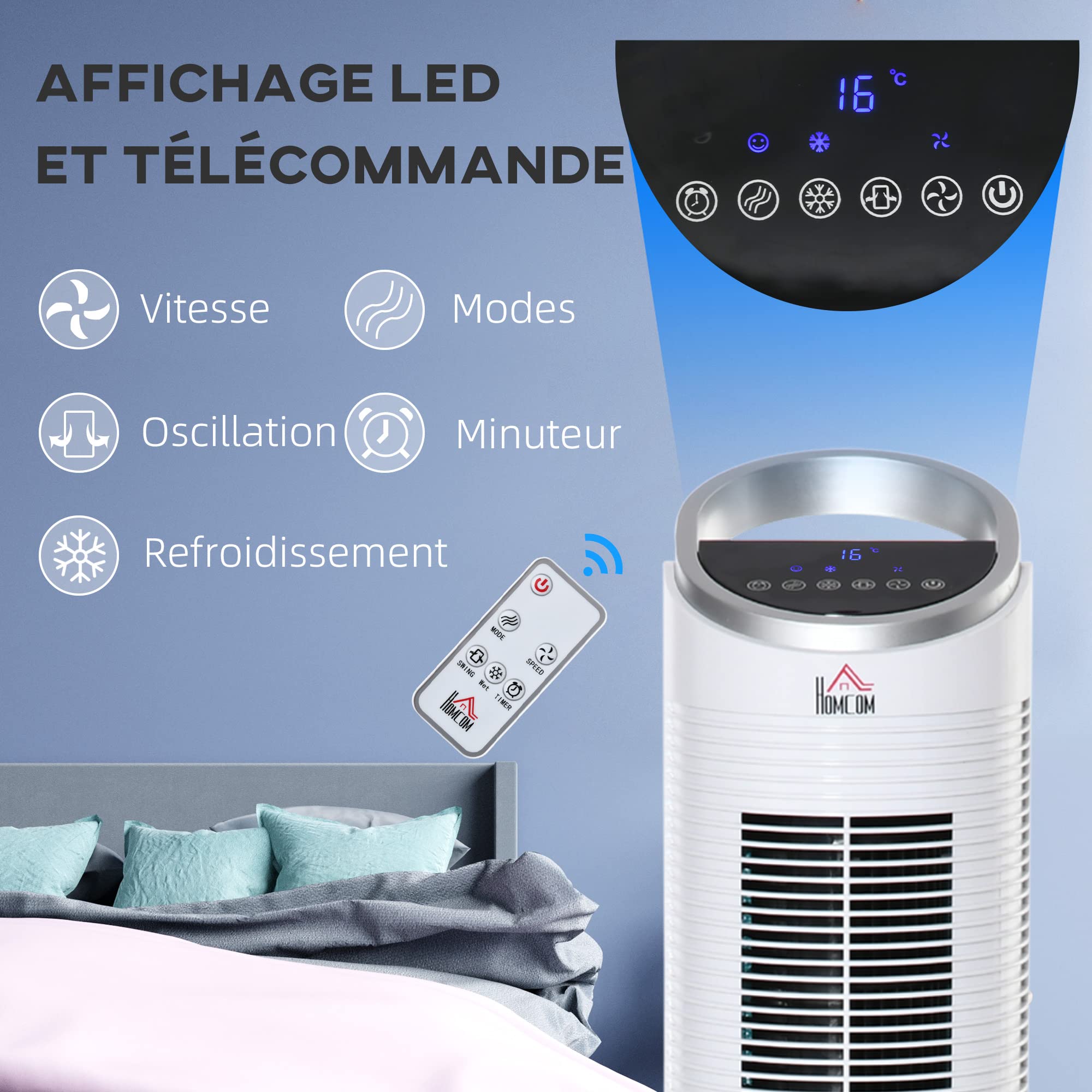 HOMCOM Rafraîchisseur d'air/ventilateur colonne/humidificateur/purificateur 4 en 1-oscillant-timer, 3 modes, 3 vitesses - télécommande réservoir 2L avec 2 blocs réfrigérants