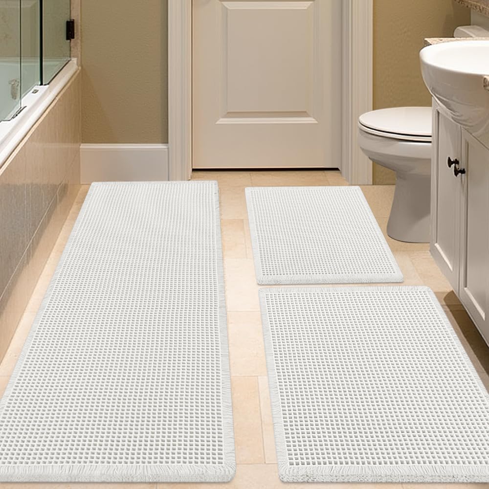 IM HOME Waffle Bath Mat Set 3 Piece White,Woven Modern Bath Rug Mats, Absorbent Non Slip Bath Floor Mat, Soft Washable Boho Bath Rugs with Tassels for