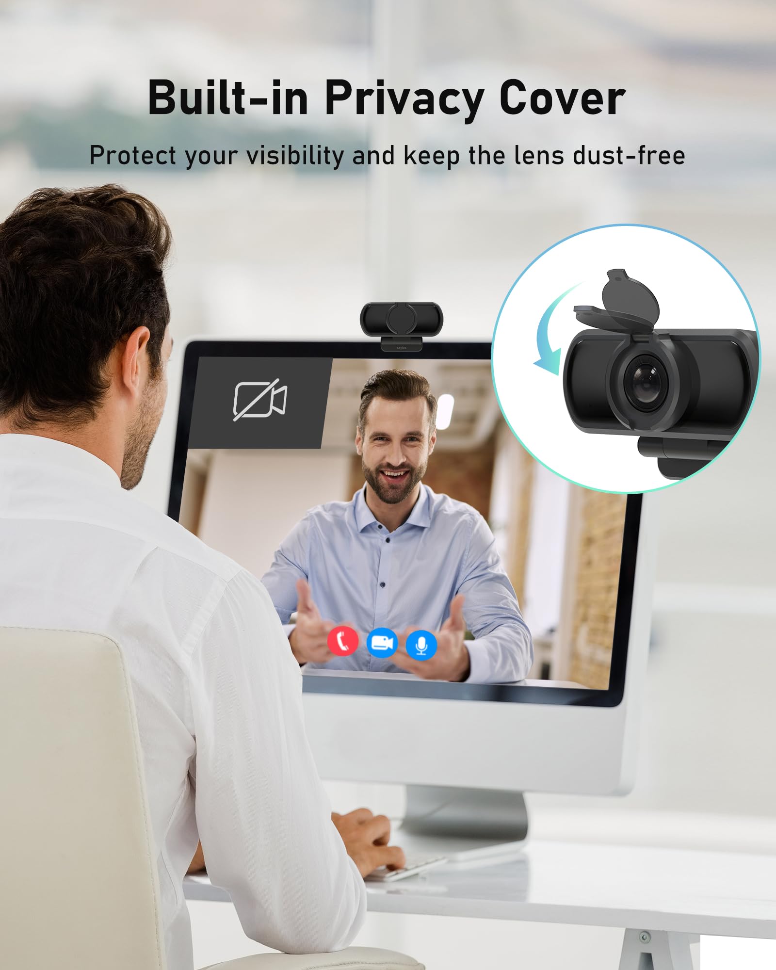 saylas Kamera internetowa 1080P do komputera z mikrofonem, 100° FOV, kamera internetowa USB z osłoną prywatności i statywem, kamera komputerowa Plug & Play do rozmów online, Zoom/zespołów/Facetime