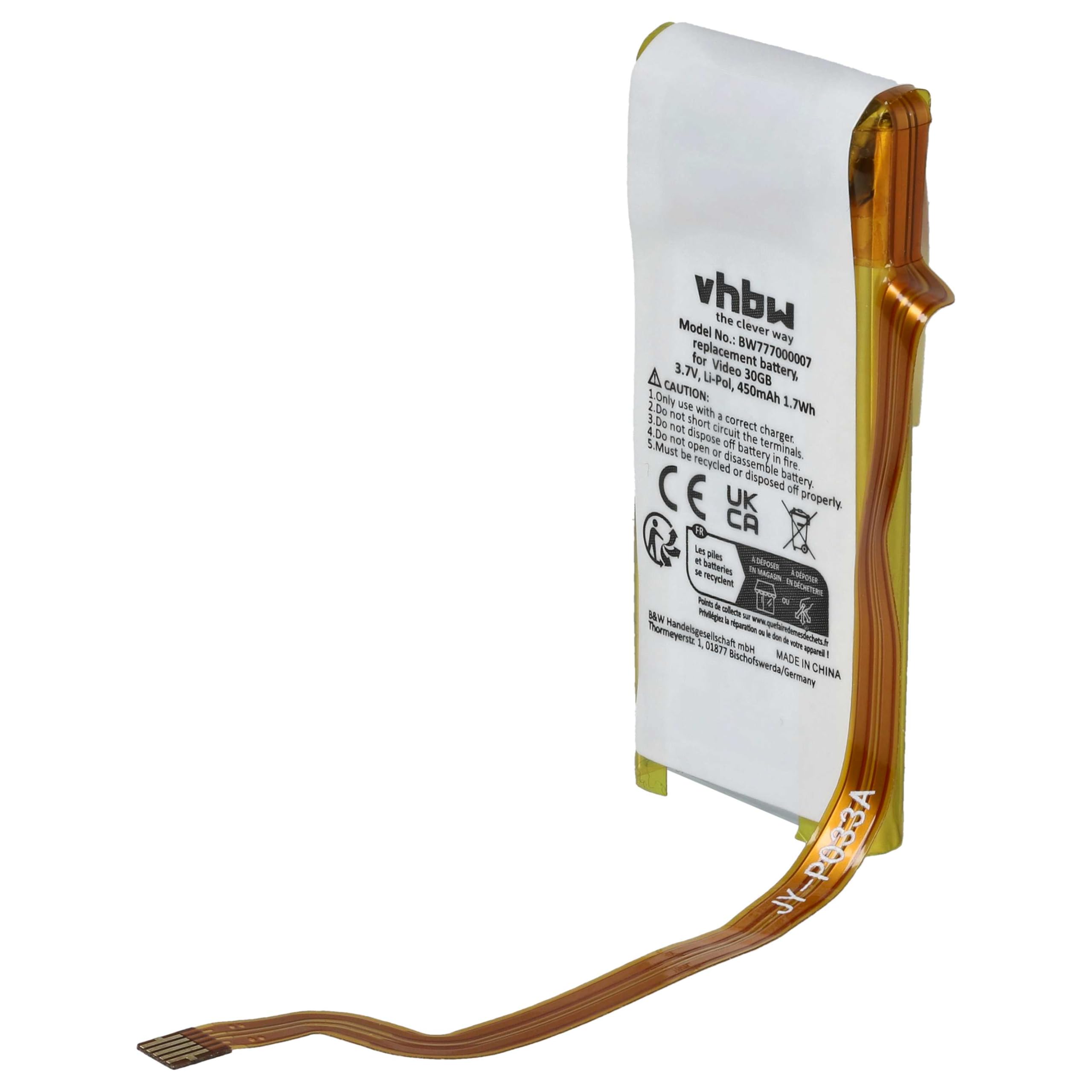 vhbw akumulator litowo-polimerowy 450 mAh (3,7 V) do odtwarzacza wideo MP3 Apple iPod Classic 6th GEN MB147 80 GB, Classic 6th GEN MB147C jak 616-0227, 616-0229, EC008.