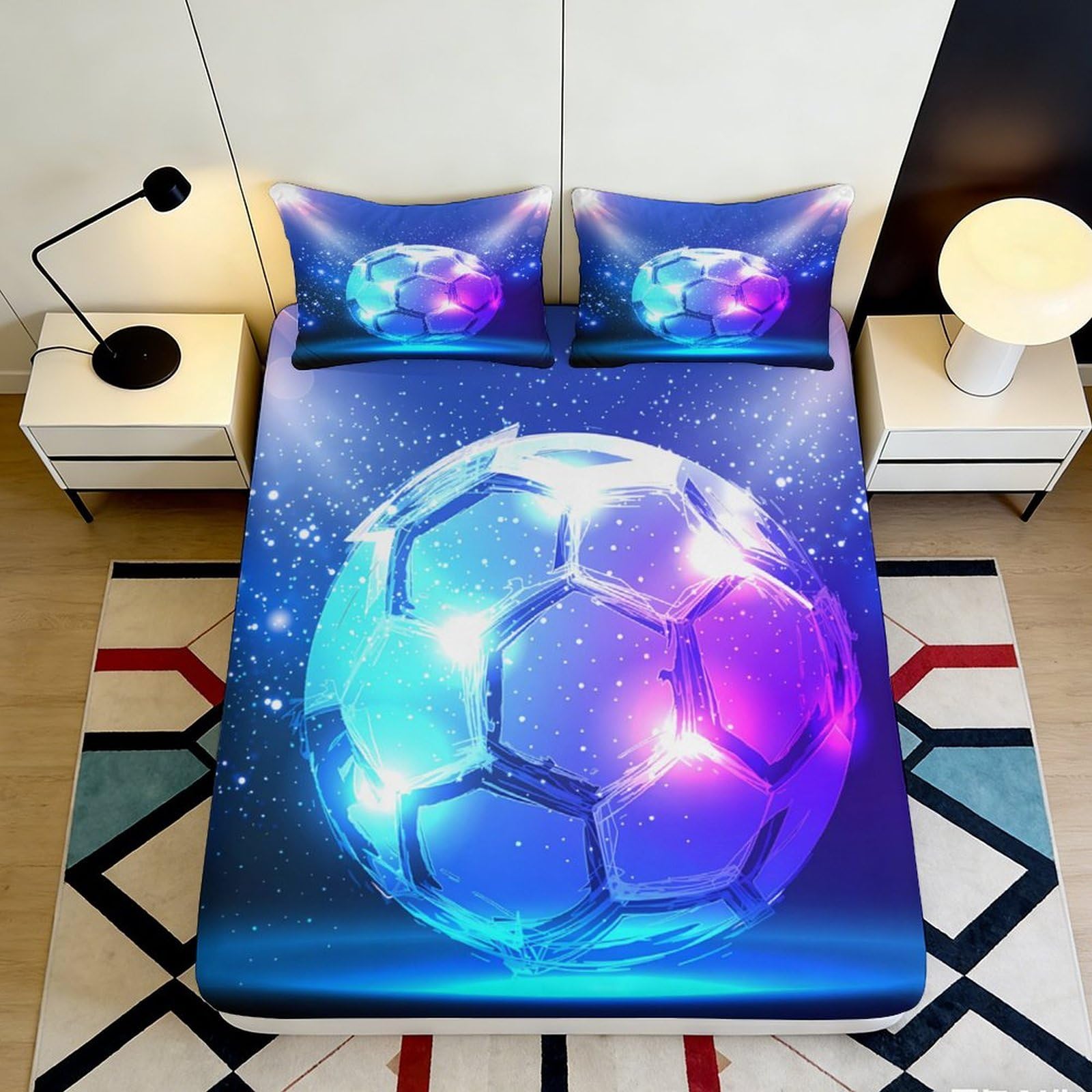 3D Printed Football Fitted Sheet Microfiber Deep Pocket Non-Slip Bedroom Bedding Football Mattress Fitted Cover Washable 90x200x25cm