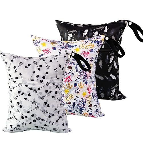 EZ Moms MMM 3 piezas reutilizable impermeable bolsa húmeda con dos bolsillos para pañales, bolsa húmeda seca para extractor de leche, bolsa húmeda