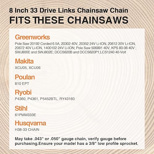 Miniatura 9 de R50 Cadena de motosierra de 14 pulgadas, calibre 043 pulgadas, paso LP de 38 pulgadas, 50 eslabones de transmisión, se adapta a sierra de poste