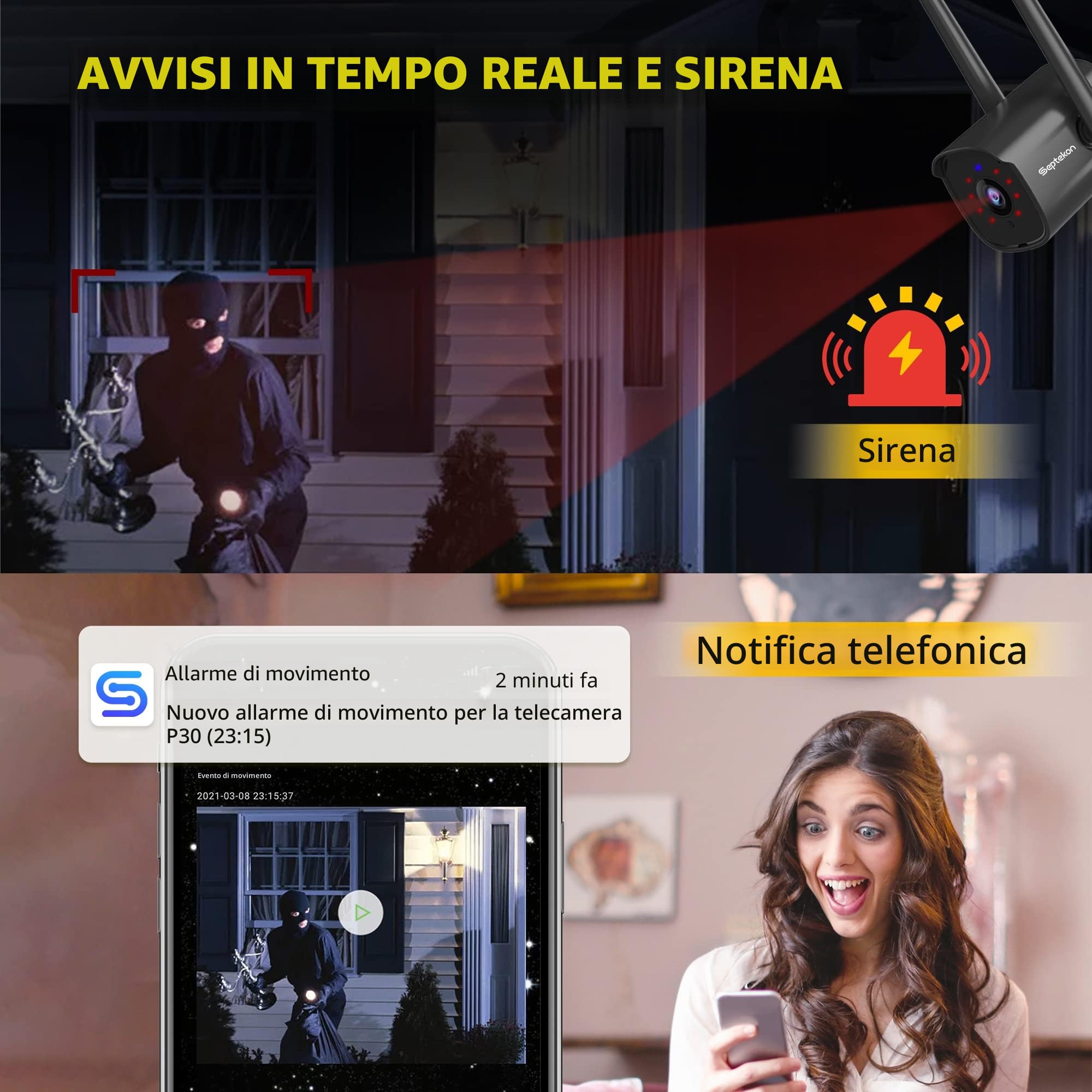 Septekon Telecamera di sicurezza esterna, 1080P doppia antenna WiFi telecamera di sorveglianza domestica con IP66 impermeabile, visione notturna, rilevamento del movimento AI, audio a 2 vie, nero,P30