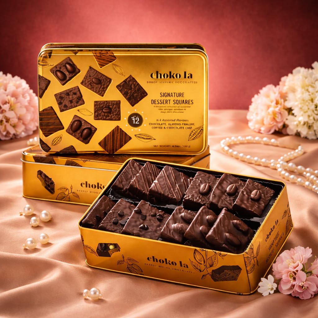 Chokola Signature Dessert Square Chocolate Hamper – Premium Sponge Cake Enrobed in Dark Chocolate (Brownie) with Assorted Flavours & Nuts | Luxury Chocolate Gift Box for Festivals Celebrations (180g, 12 pcs)