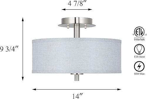 Miniatura 5 de XiNBEi Lighting Lámpara de techo semiempotrada, lámpara de tambor de 14 pulgadas con pantalla de tela gris, lámpara de techo de níquel cepillado de