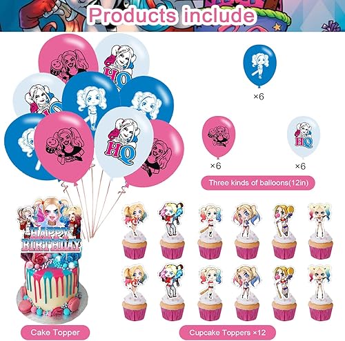 Miniatura 3 de Decoración de fiesta de Joker Girl, suministros de fiesta de cumpleaños para niñas, incluye pancarta, decoración para tartas, 12 adornos para