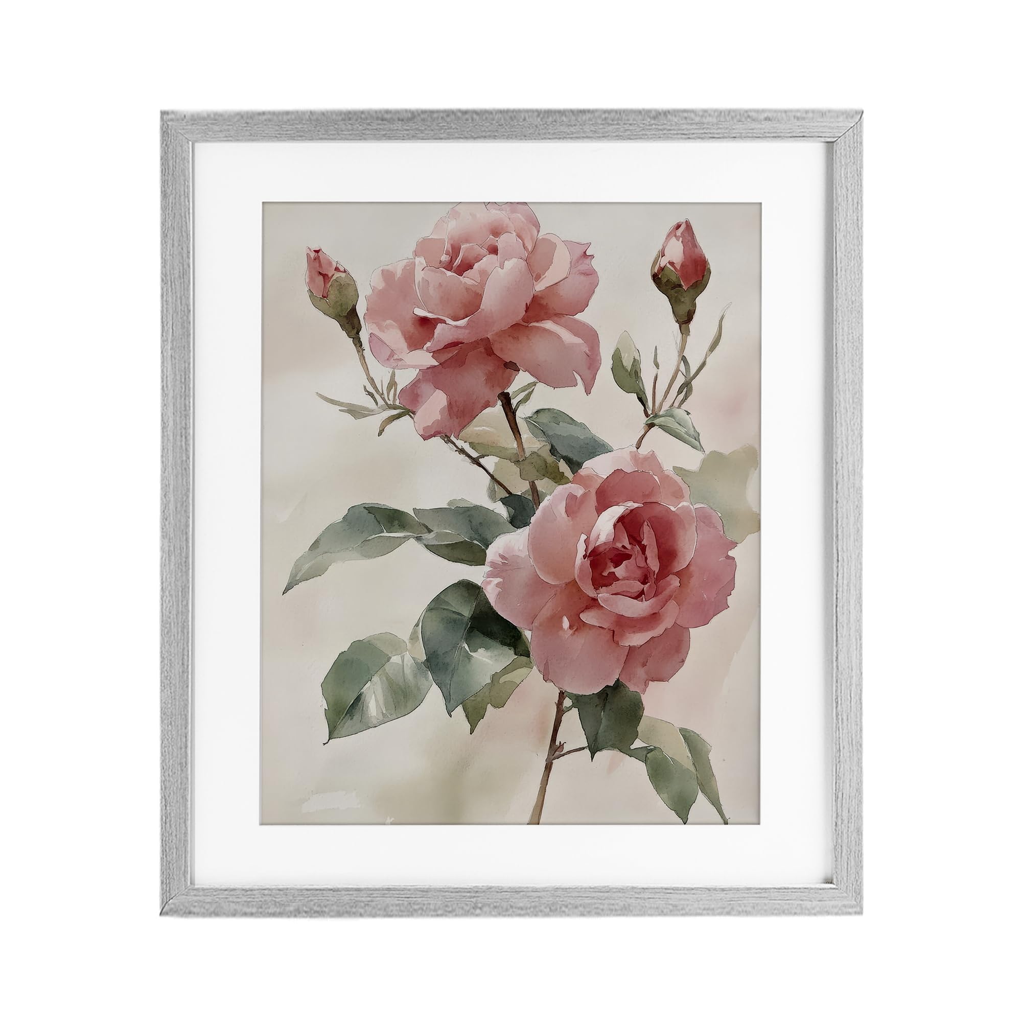 Roses et bourgeons gris tableau floral rose 53x43cm