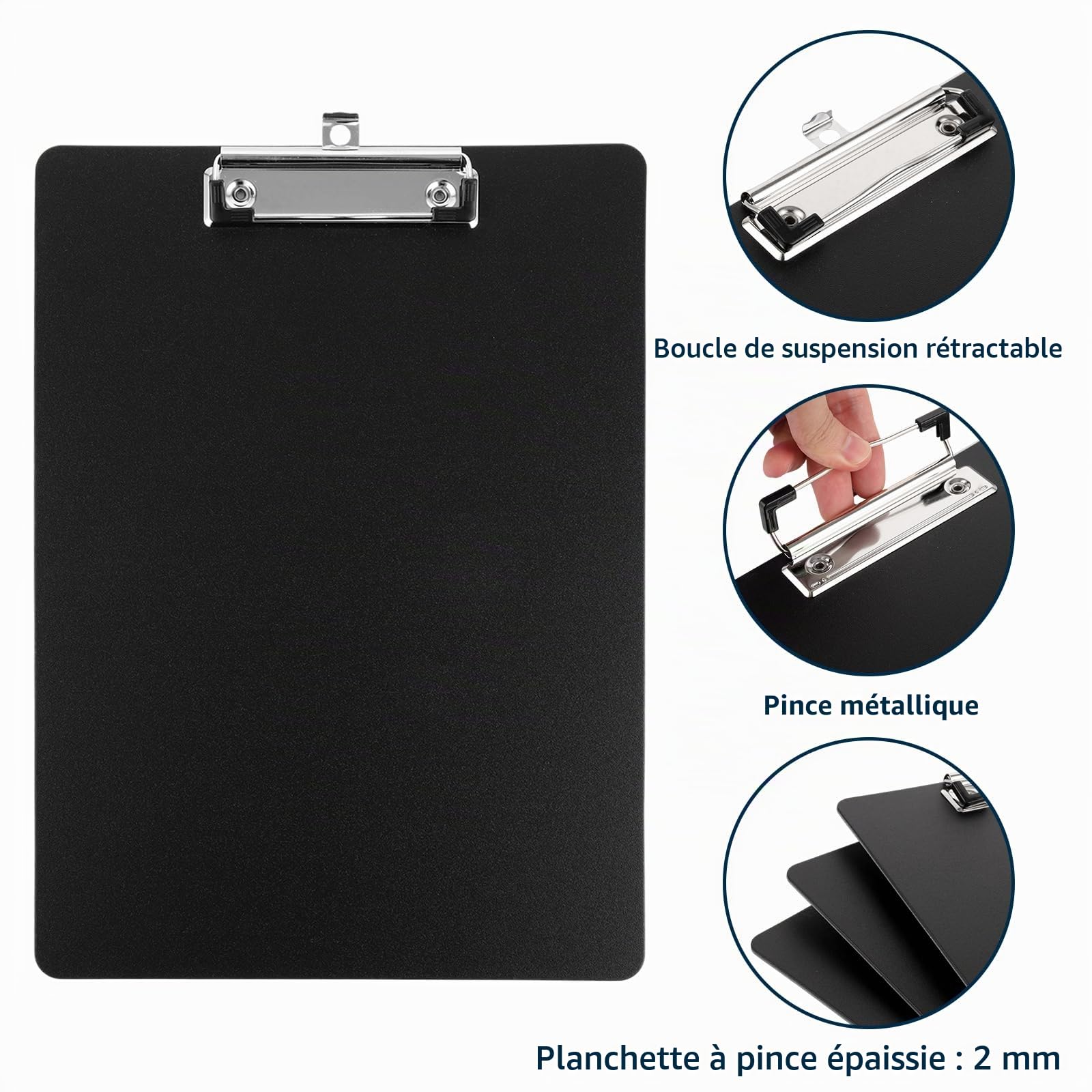 Lot de 12 Porte bloc A4 avec Pince, Porte bloc a4 en plastique en métal et boîte de suspension Noir Pour l'école, la maison, le bureau