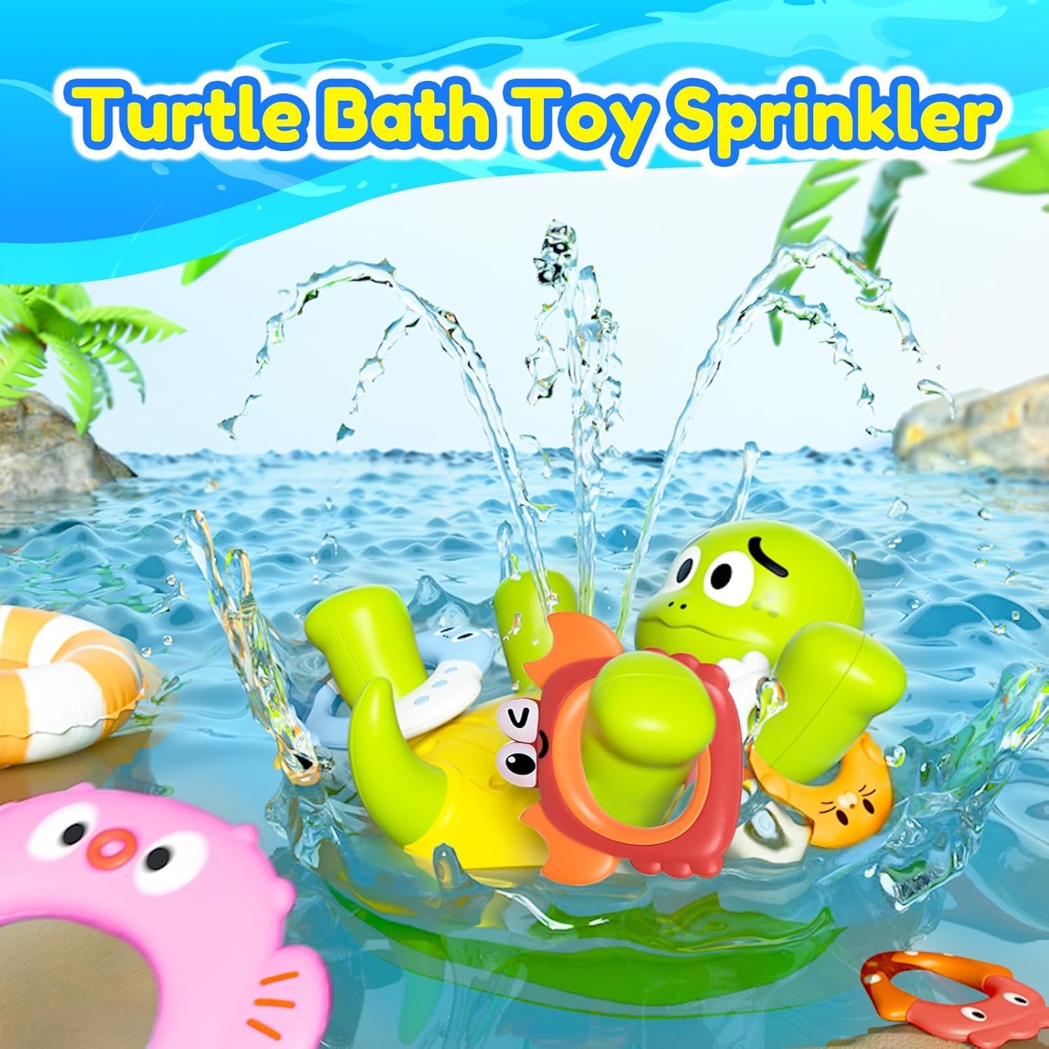 Baby Bath Toy Sprinkler, Rechargeable Turtle Bath Toys for Kids Toddlers Ages 1-3 2-4 with 5 Rings, Mold Free Bath Pool Water Spray Toys for Babies Toddlers 1-3-5, Great Birthday Gifts for Kids