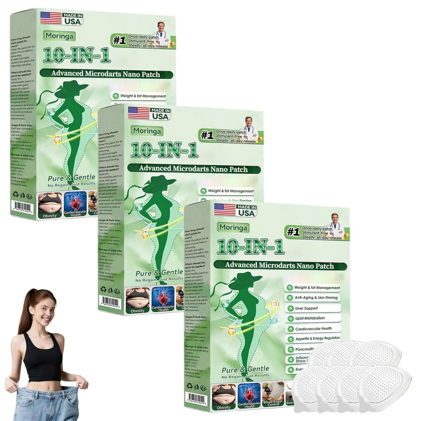 Moringa Berberine Patches, Moringa Berberine X Nad Patches, 2026 New Professional Moringas 10-In-1 Nano Microdarts Patch, Suitable For All Skin Types, Gentle Non-Irritating Design (3 PCS)