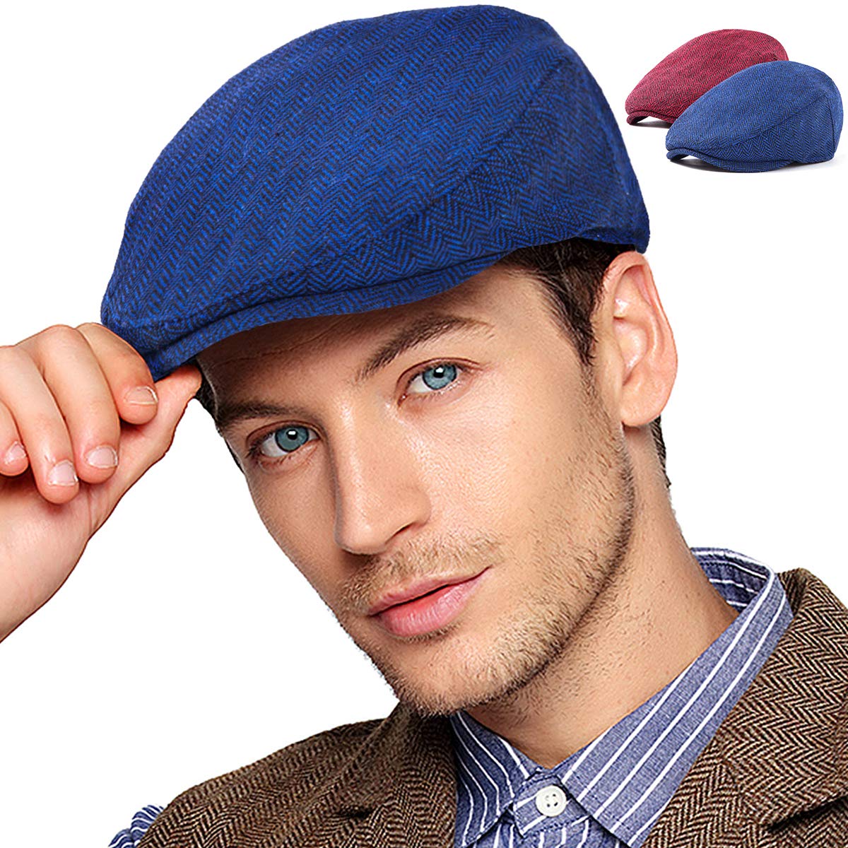 2-Pack Adjustable Newsboy Hats for Men Flat Cap Irish Wool Blend Tweed