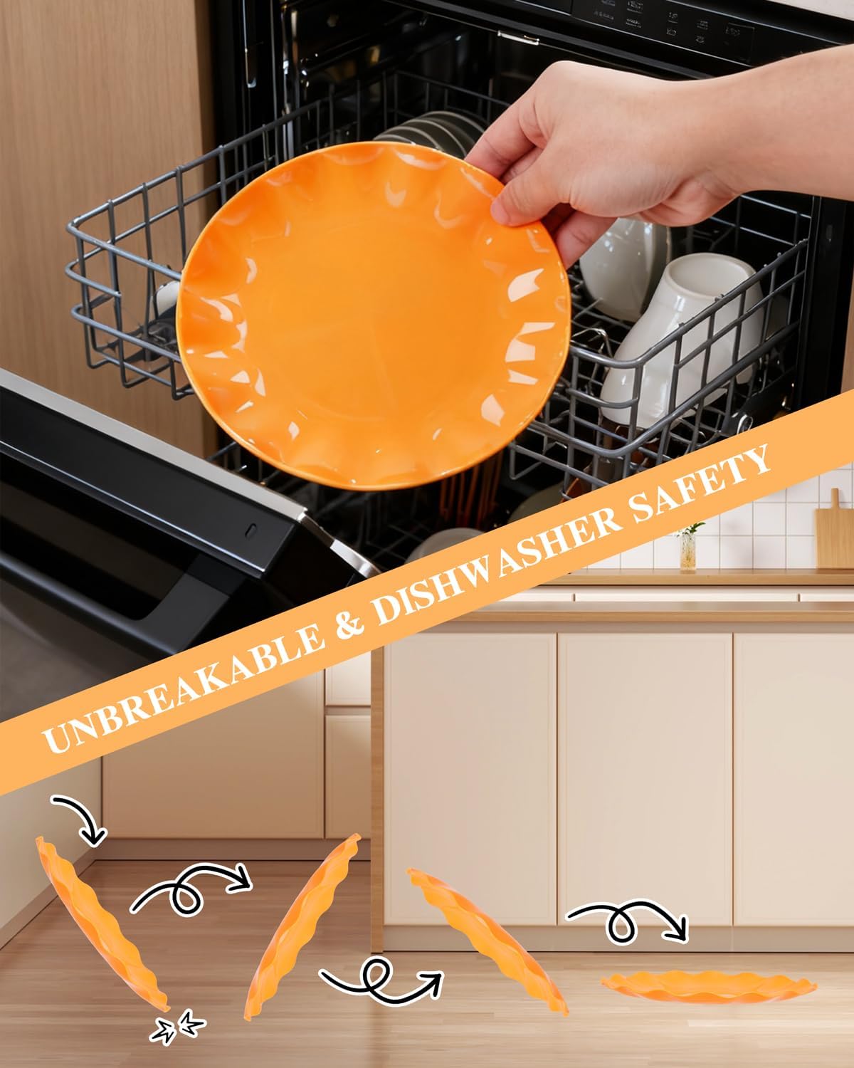 LIYH 24 Pcs Orange Plastic Plates Reusable Orange Plates Scalloped Plastic Plate for Holiday Party Dishwasher Safe Sturdy Reusable (12 Guests) Suitable for Holiday Gatherings - Image 5