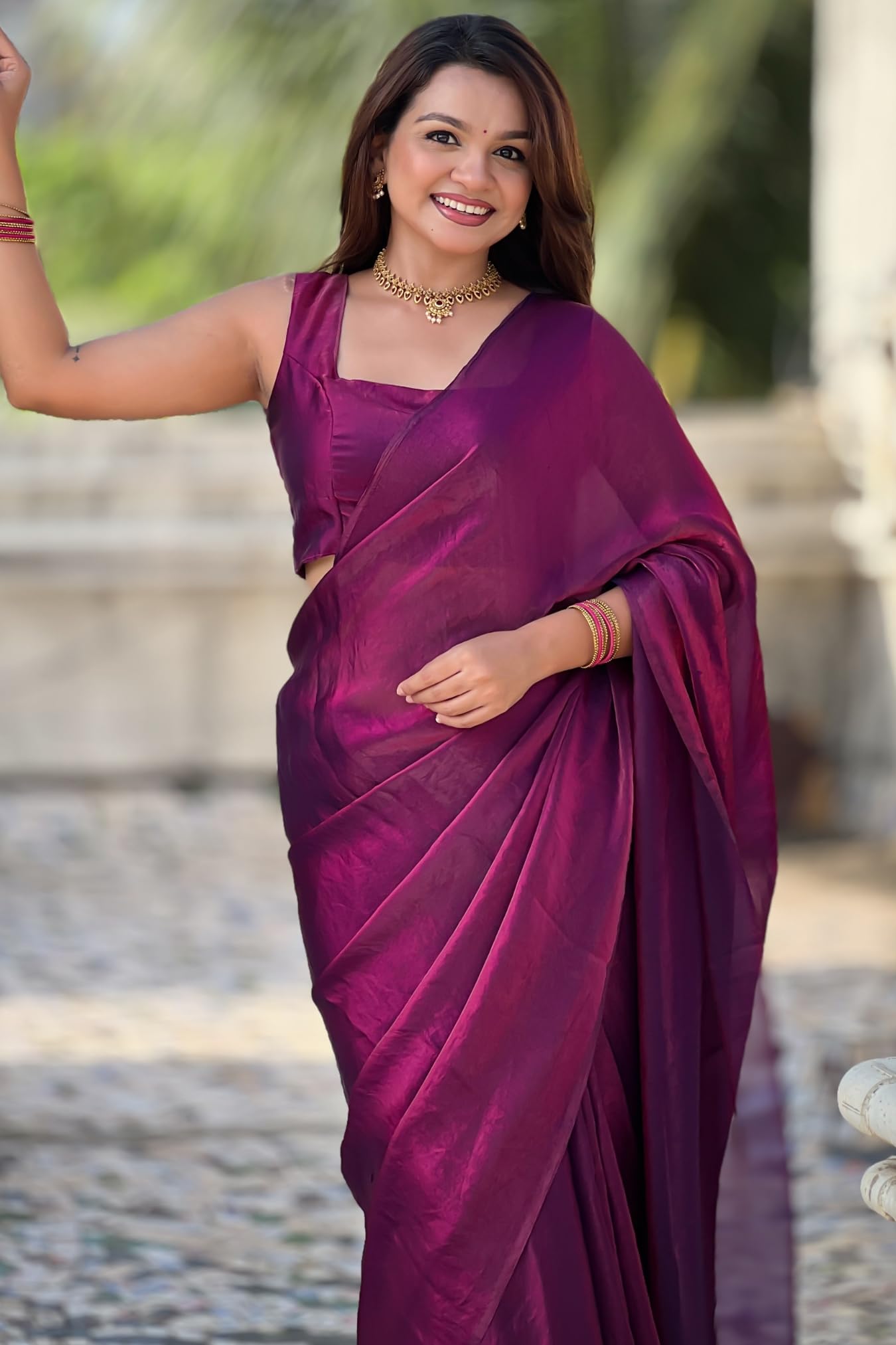 SGF11 Women's Shimmer Satin Tissue Saree Golden Tassels With Unstitched Blouse Piece product image 4