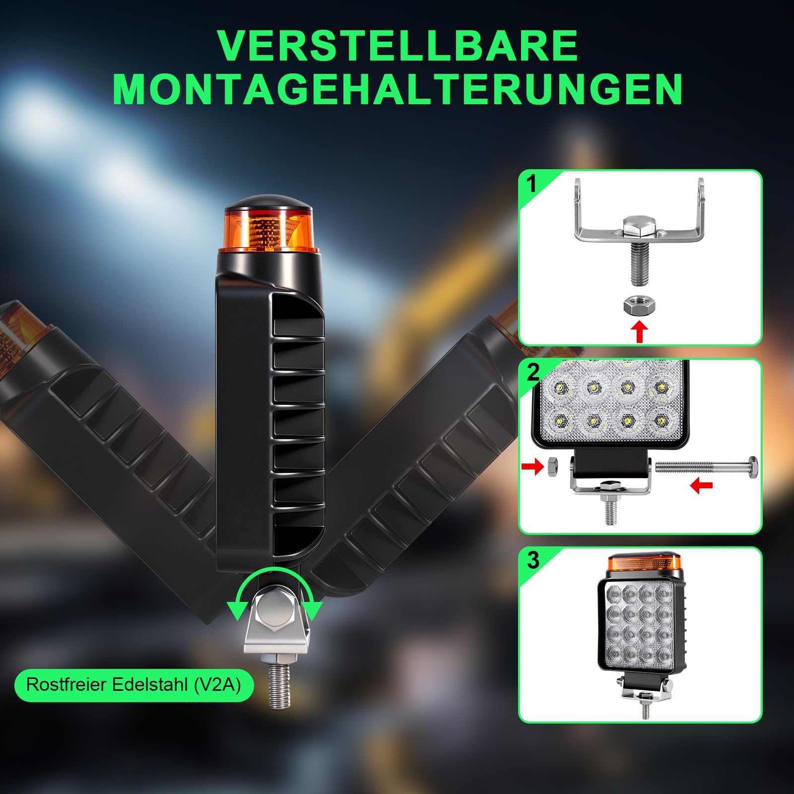 2x LED Arbeitsscheinwerfer mit Warnlicht Gelb (10 Blitzmodi & Memory), 18W 12V 24V Zusatzscheinwerfer Traktor, LKW & Bagger, IP68 Wasserdicht, 2-in-1 Rückfahrscheinwerfer & Blitzleuchte