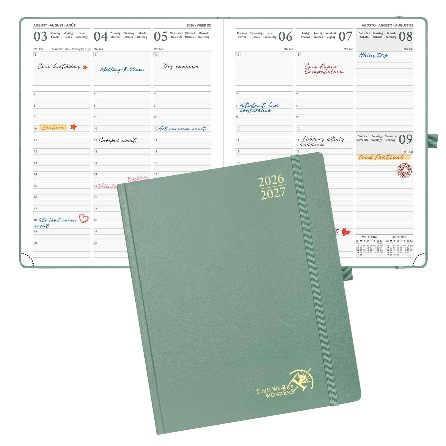 POPRUN Academic Diary 2026-2027 Hardback Week to View Large (26.5x21.5 cm) 17 Months (Aug'26 - Dec'27) Mid Year 26/27 Vertical Weekly Planner, Inner Pocket(Midnight Green)