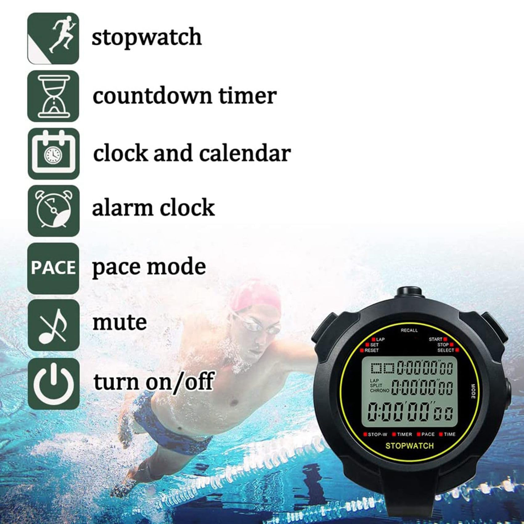 5X Cronometro Digitale, Timer per Il Conto alla Rovescia del Cronometro da 10 / Memoria Divisa, Ampio Display Impermeabile 12/24 Ore