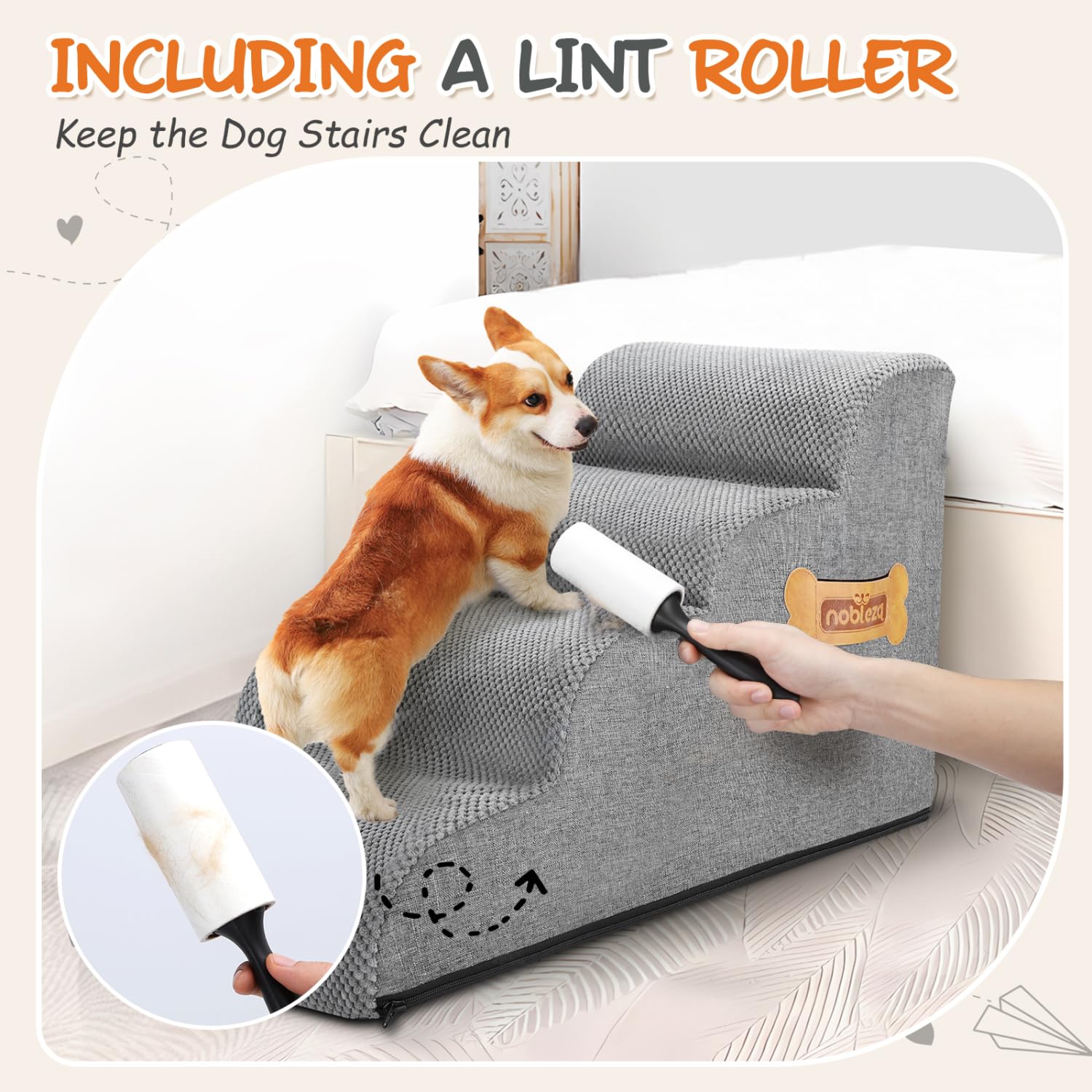 Nobleza Escalera para Perros, Escaleras Rampa para Perros Mascotas de Espuma de 4 Escalones con Rodillo para Pelusa, Escalera para Cama de Perros Pequeños Perros y Gatos Subir a la Cama