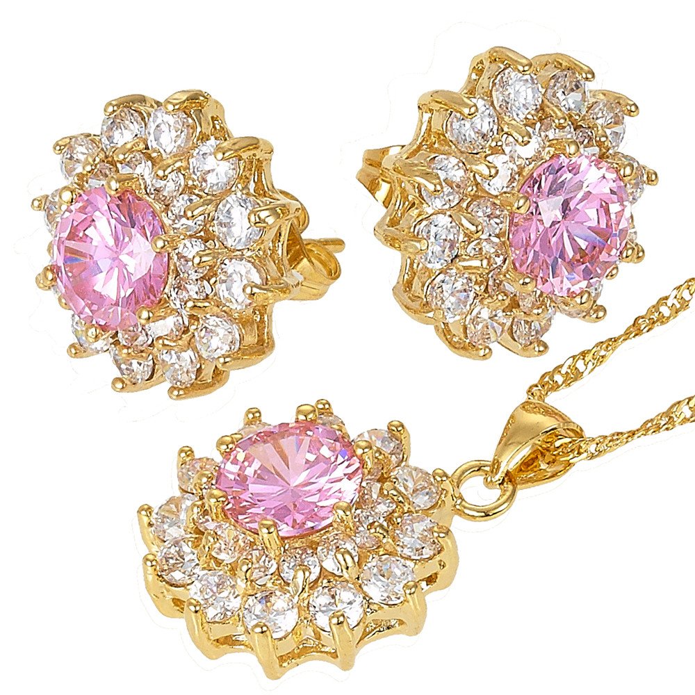 RIZILIA Flor Conjunto de Joyas Colgante con 45cm(18") Cadena & Stud Pendientes Corte Redondo Piedras Preciosas Circonita CZ [6 Colores Disponibles] en 18K Chapado en Oro Amarillo, Elegancia Moderna