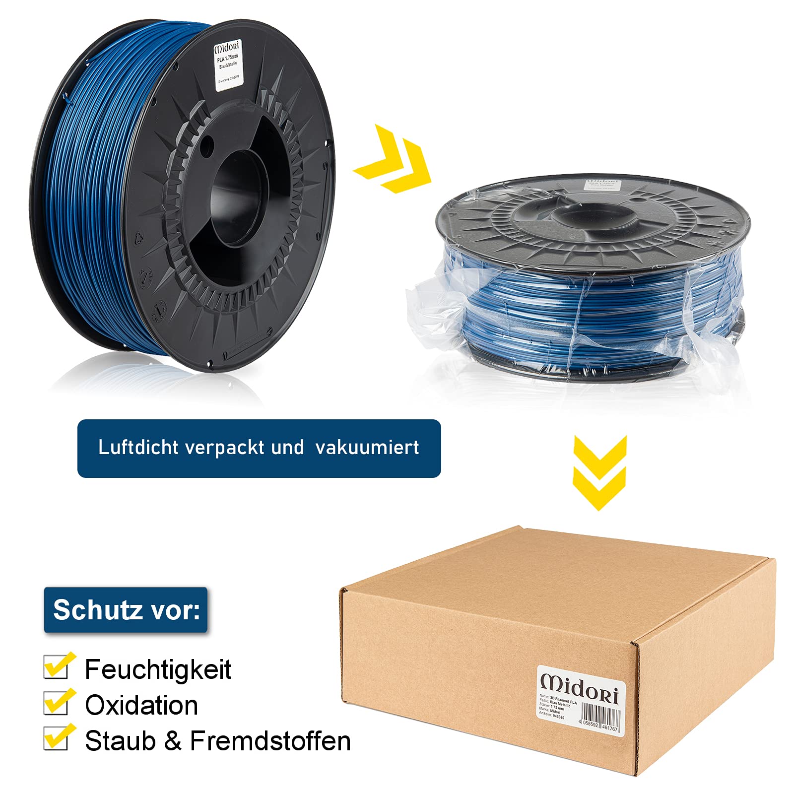 Midori® PLA Filament | 10 Stück, 1,75mm 3D-Drucker-Filament 1kg Spule in Blau Metallic| Verwicklungsfreies Filament für 3D-Drucker & Stift