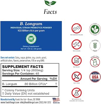 Bifidobacterium Longum Probiotic Powder 100 Billion cfu's | Made in USA | No Additives | Direct from Manufacturer | No Third-Party Storage | Immune Support | B. Longum | 30 Grams (1.05 Oz)