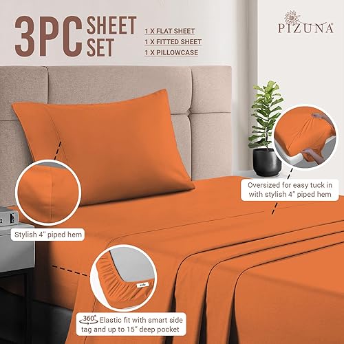 Miniatura 3 de Juego de sábanas de algodón de 400 hilos de tamaño individual, naranja quemado, 100% de fibra larga, sábanas de satén suaves con bolsillos profundos