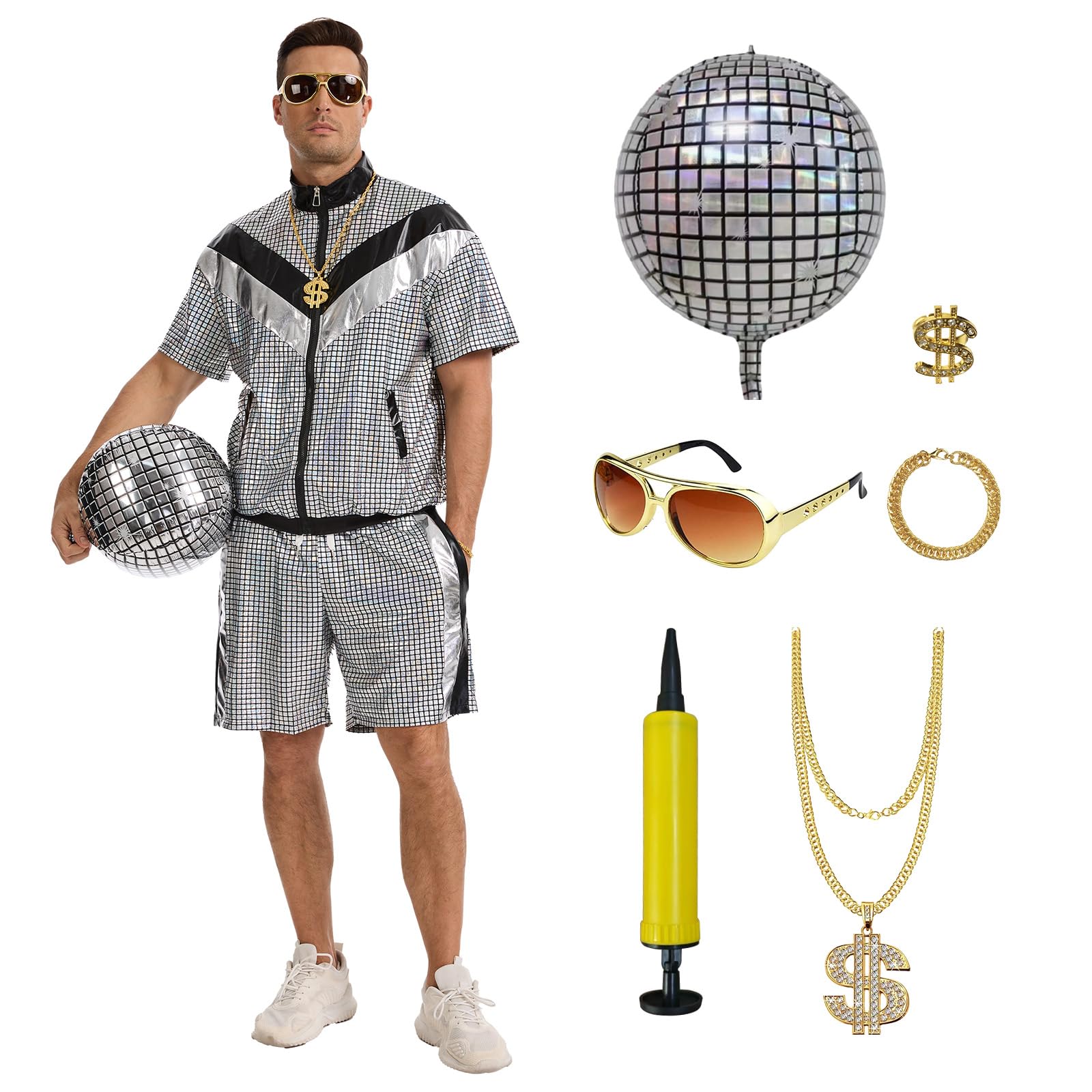 PQCXXA Retro 1970s Disco Outfit-Disco Sequin Jacket and Shorts Set for Men - 80s 90s Hip Hop Party Fancy Dress (Silver, XS) — image 1