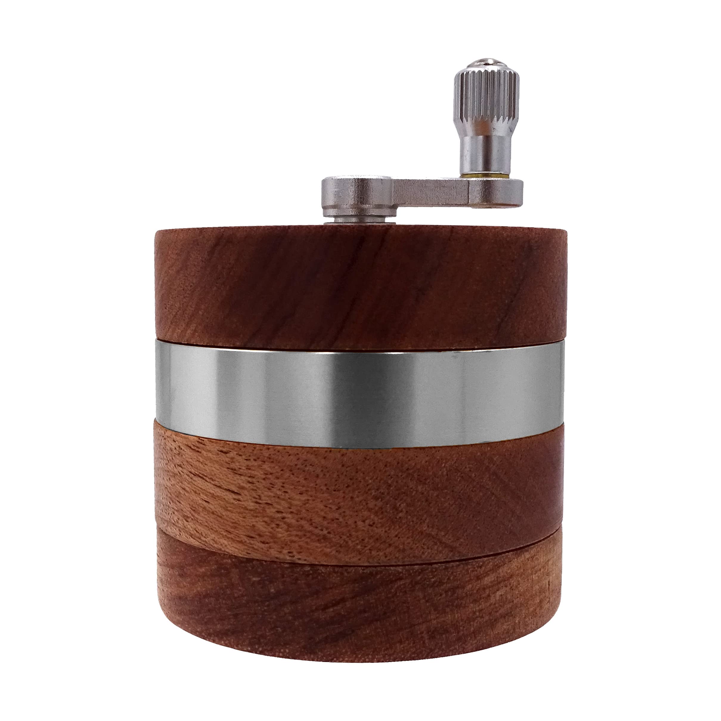 Headchef Silver Woodsman 4 Piece Hand Cranked Clear Top Herb Grinder 62Mm - Wooden Outer, Aluminium Internal Spice Grinder With Pollen Scraper And Cleaning Brush, Foldable Handle (Silver)