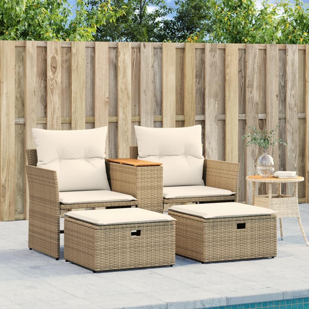 2-Seater Garden Sofa with Retractable Footstools, Outdoor PE Rattan Patio Loveseat with Plush Cushions, Beige Weather-Resistant Terrace Furniture