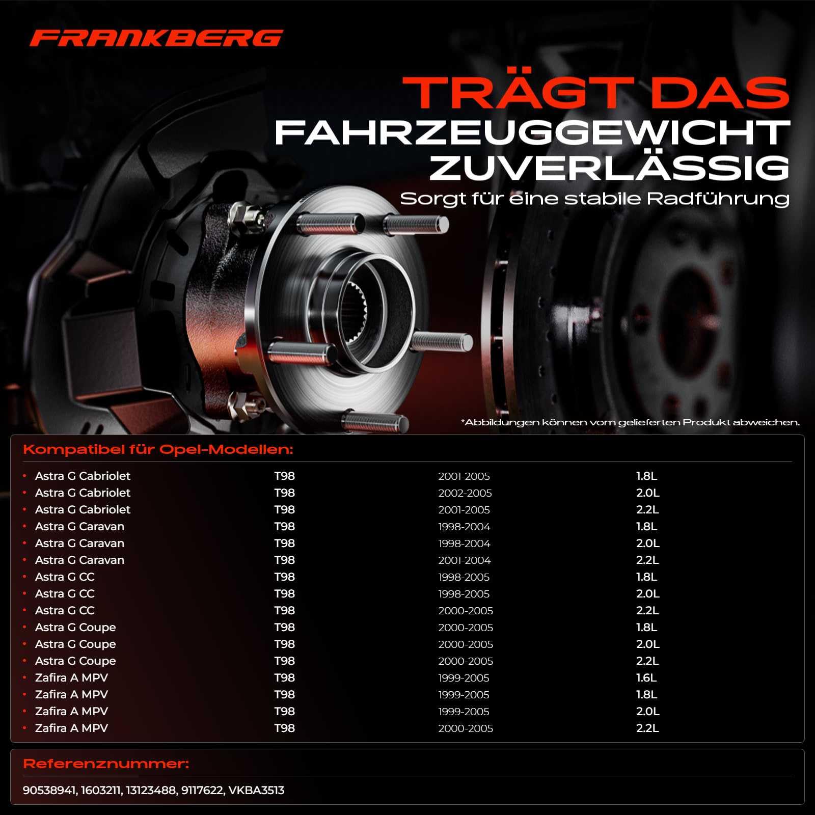 Frankberg 2 x łożysko koła, piasta koła, zestaw łożysk koła, przednie kompatybilne z Astra F07, F08, F48, F67, F70, F69, T98, G, Zafira A MK F75, T98, 1998-2005