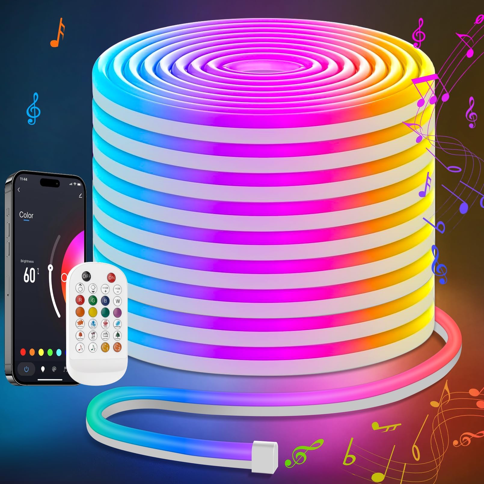 Lamomo COB LED Strip Light 5M,RGB Neon Rope with Remote, Music Sync, APP