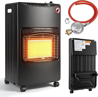 Gasheizer Gasofen 4,2 kW, Keramik, für Propan & Butan | 3 Heizstufen, auf ca. 12 cm faltbar; ODS-, Flammenausfall- & Kippschutz, Rollen, Druckregler und 0,5-m-Gasschlauch.