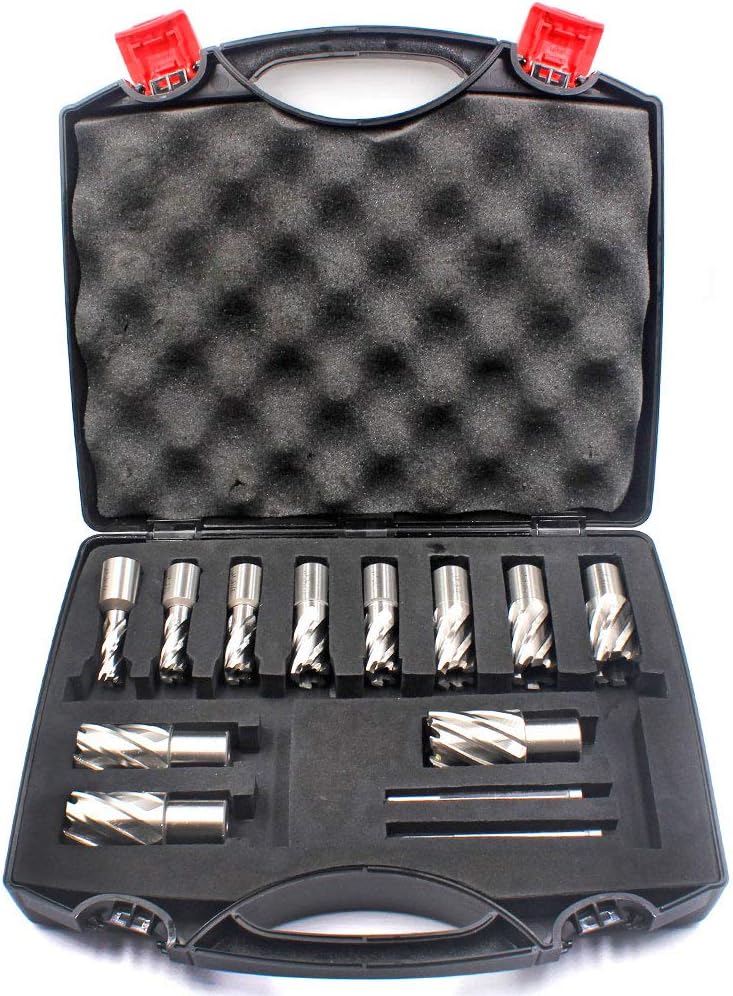 JESTUOUS Annular Cutter Set 13 pcs 3/4 Inch Weldon Shank 1-1/5 Cutting Depth and Cutting Diameter from 7/16 to 1-1/16 for Drill Press HSS Standard Kit Two Flat with 2 Pilot Pins