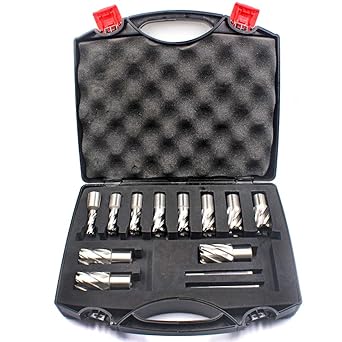 Annular Cutter Set 13 pcs JESTUOUS 3/4 Inch Weldon Shank 1 Cutting Depth and Cutting Diameter from 7/16 to 1-1/16 for Mag Drill Press HSS Standard Kit Two Flat with 2 Pilot Pins