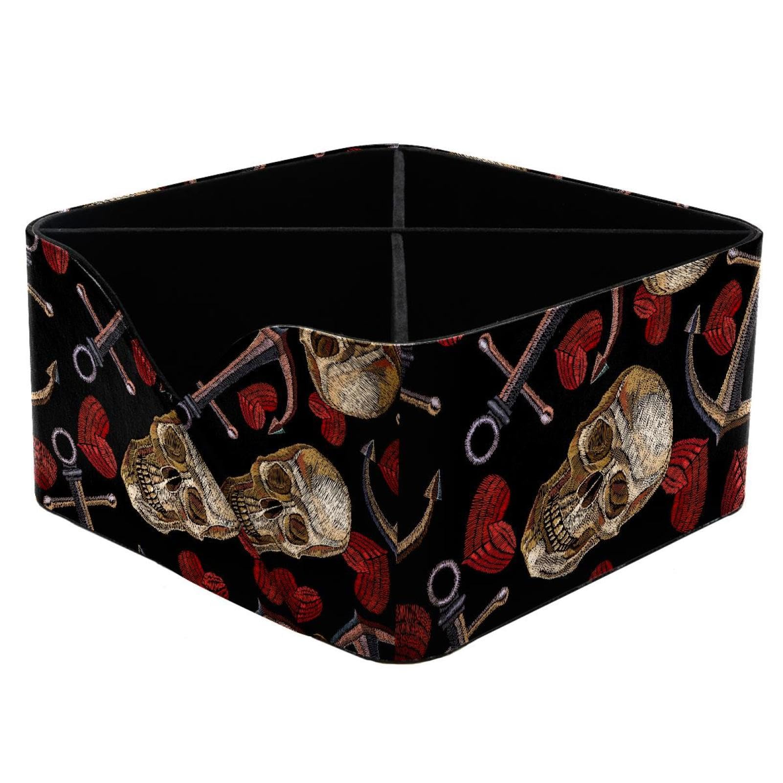 KengjuTesu Human Skull Anchor and Heart Pattern Desktop Organizer Pen Holder, Rectangular Pencil Cup for Office, Study and Makeup Stations