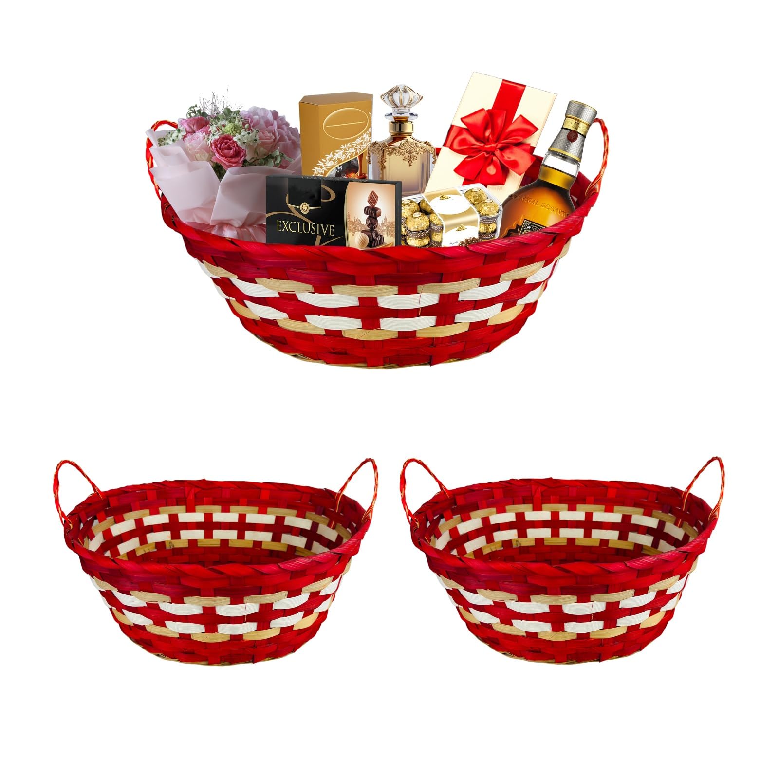 ADEPTNA Set of 2 Oval Christmas Wicker Baskets with Handles Premium Handmade - Natural Bamboo Hampers, Ideal for Gift Presentation, Durable Perfect for Festive Decorations, Unique Gift Xmas (RED)
