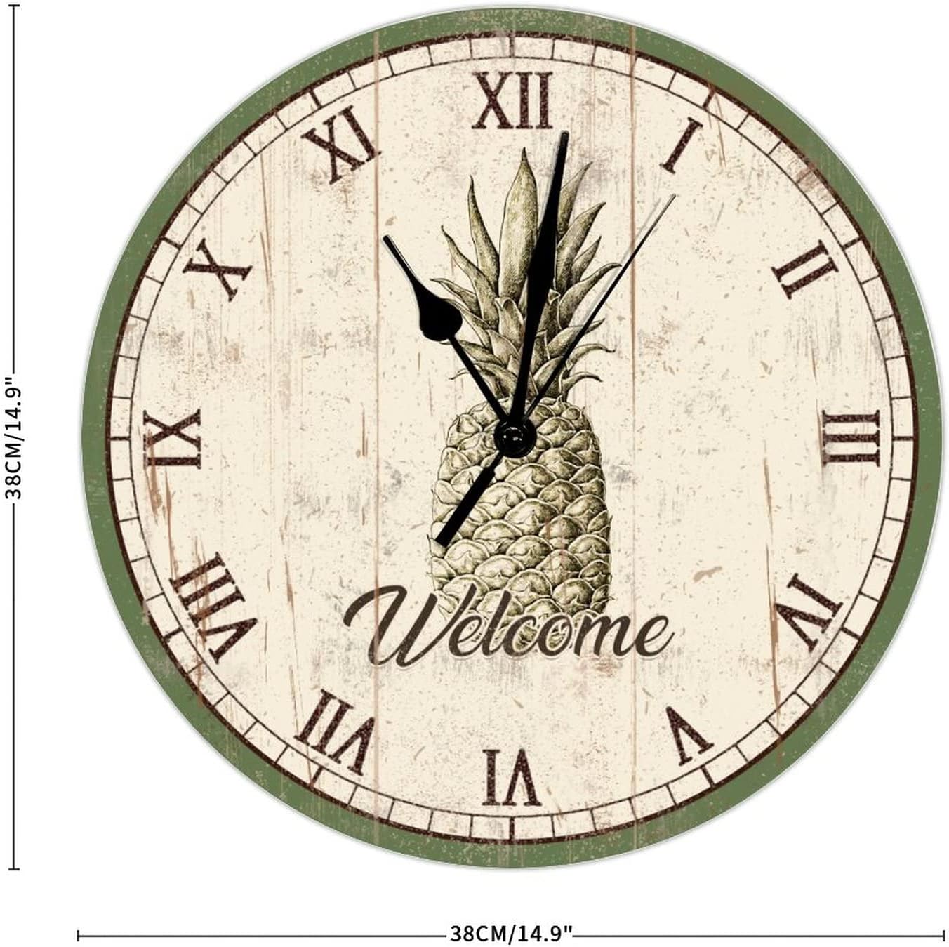 Tropical Yellow Pineapple Wooden Wall Clock Retro Kitchen Decor Fruit 15 Inch Wall Clocks Battery Operated Non-Ticking Shabby Chic Wall DecorHome Decor for Living Room Bedroom Office