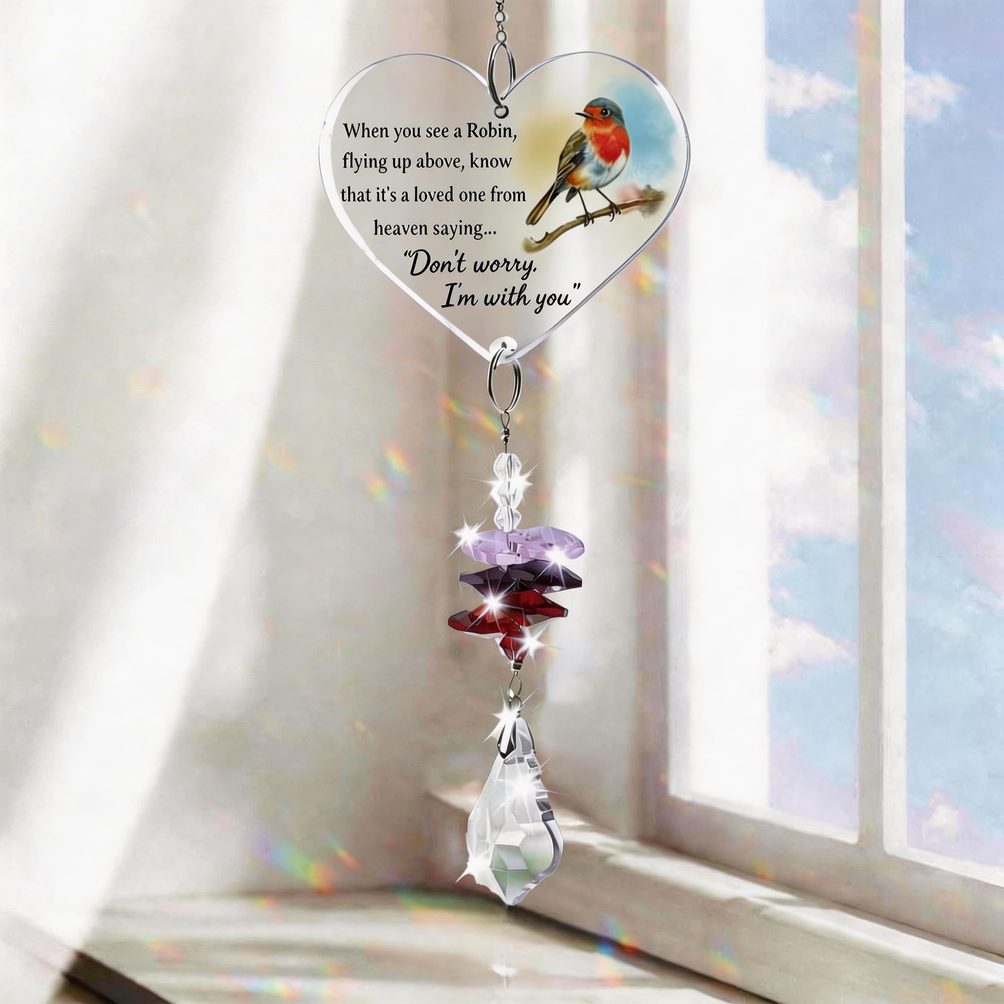 Minwegi Transparent Color Memorial Gift - Heart Shaped Acrylic Hanging Ornament With Robin Design & Rainbow Crystal Pendant - Remembrance Decoration For All Souls Day, Christmas Tree