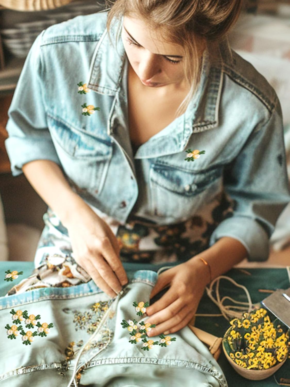 140 Pieces Mini Flower Patches for Clothes,Rose Lace Applique,Fabric Embroidery Patches Applique for Dress Jean Hat Backpack Headband Embellishment (Blue)