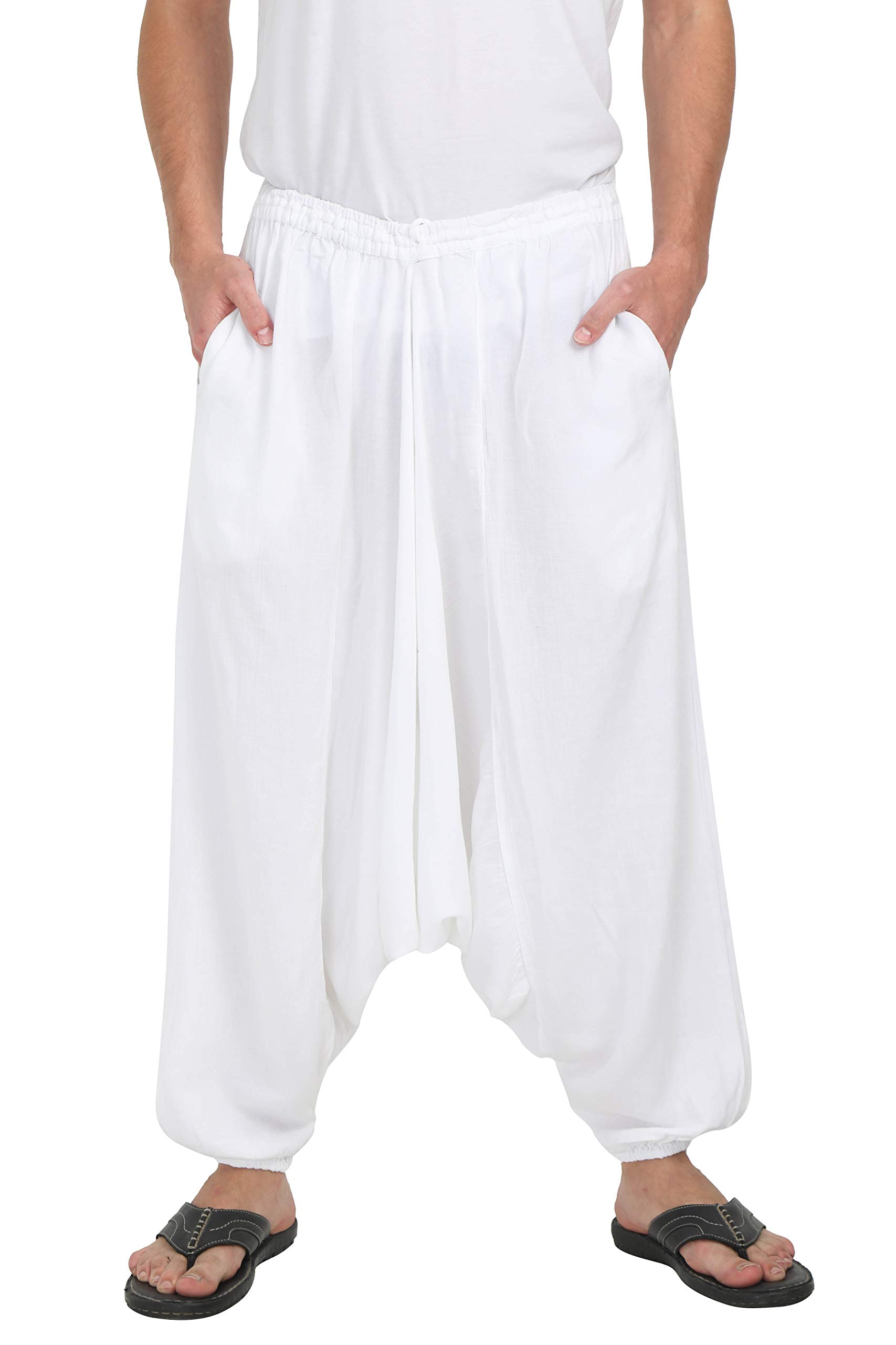 Mens Womens Harem Pants Boho Hippie Cotton Lightweight Trousers Pants - Elastic Waist - Plain Pockets Style