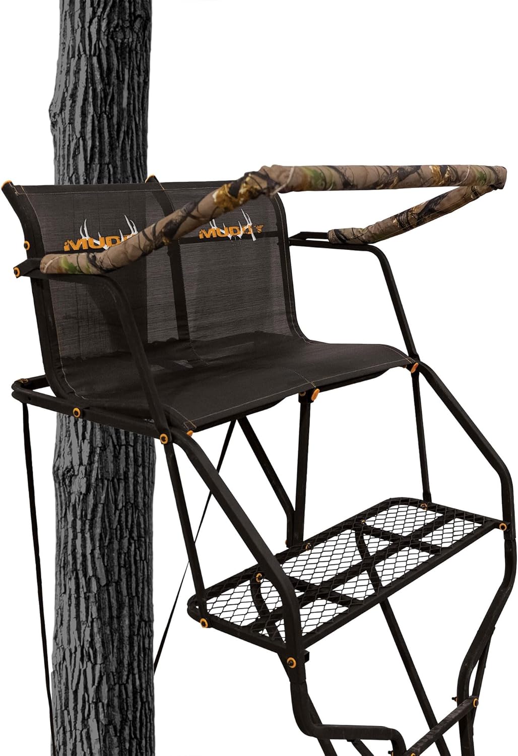 MUDDY Double Droptine Deer Hunting Ladderstand, 2 Person Climbing Tree Stand with Flex-Tek Seat and Padded Adjustable Shooting Rail