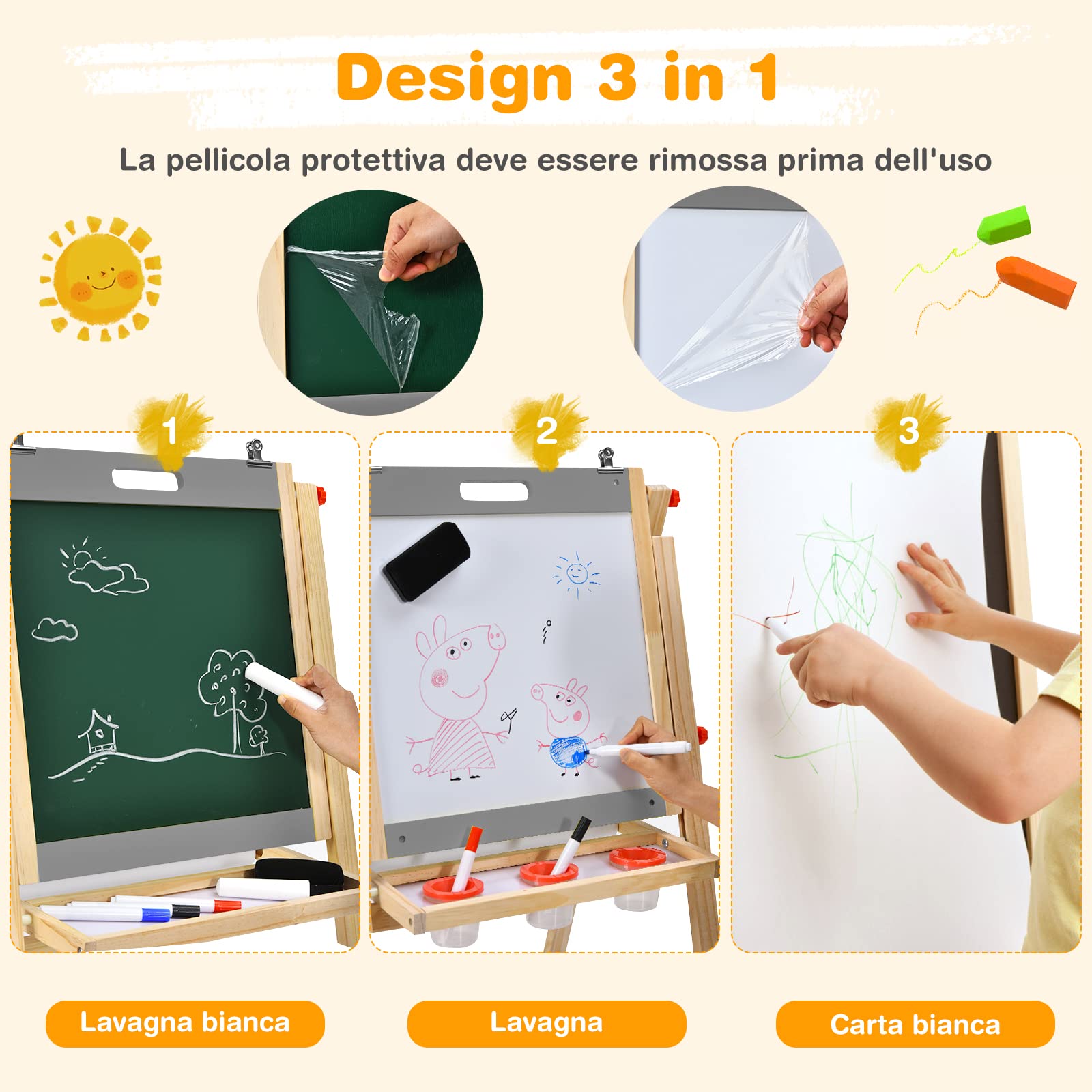 RELAX4LIFE Lavagna Bifacciale con Cavalletto per Bambini, Cavalletto Pieghevole in Legno di Pino con Altezza Regolabile, Lavagna Nera e Bianca Magnetica con Ripiano e Accessori, Cavalletto Portatile