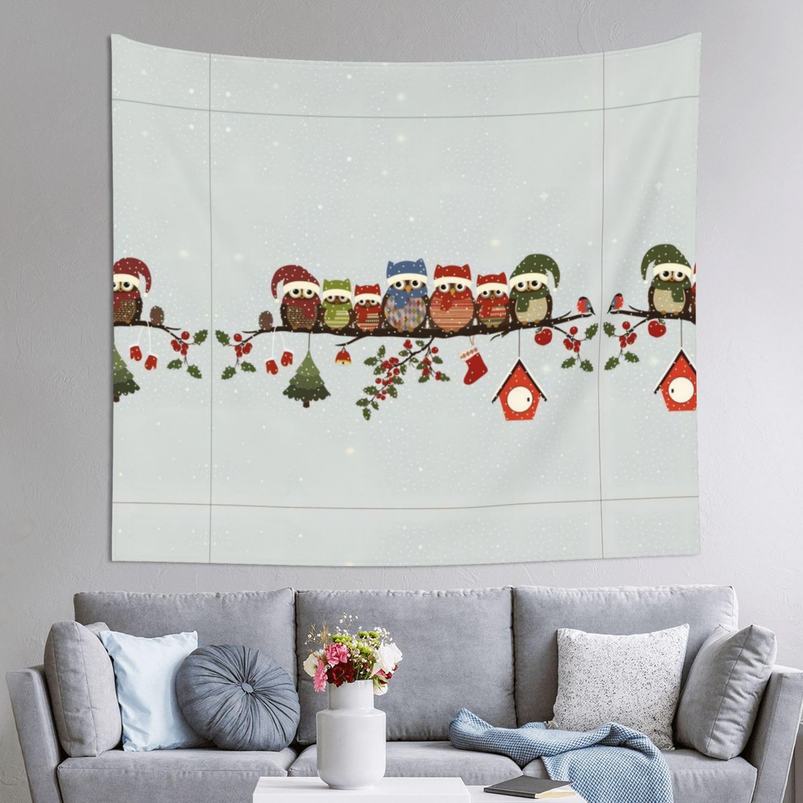 HLSBSSL 60x51in Cute Christmas Owls on Branch Printed Tapestry Tablecloth for Dormitory and Picnic Rooms - Multifunctional Fabric Hanging
